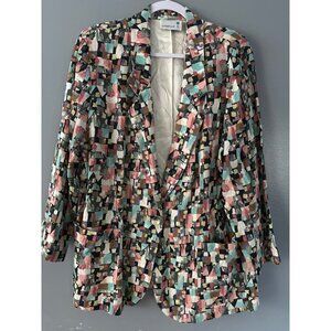 Danielle B Vintage Colorblock Blazer Sze 14 Rayon Flax Made in USA Retro 90s y2k